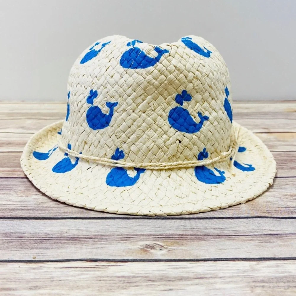 David and Young Natural Straw Kids Fedora Bright Blue Whale Print Casual NWT